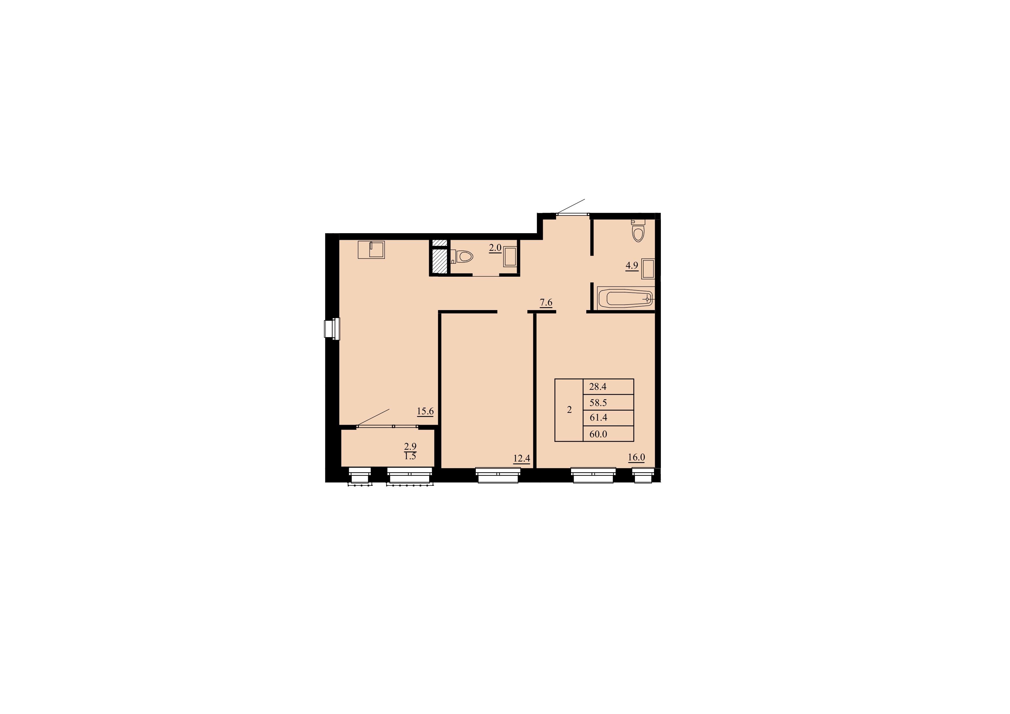 Планировка: Евротрешка 58.5 м² в ЖК Тура-2, Лесобаза