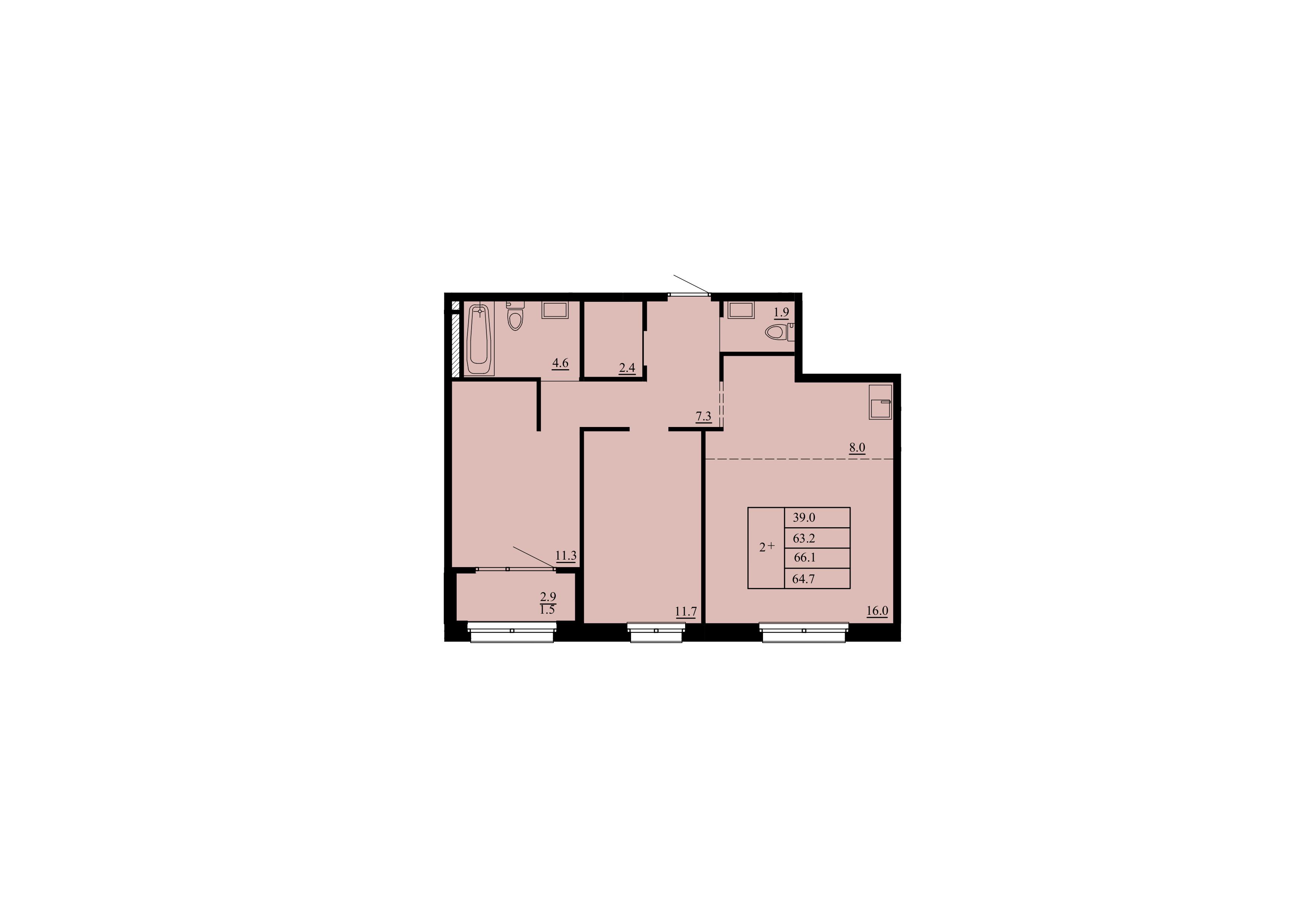 Планировка: Евротрешка 63.2 м² в ЖК Тура-2, Лесобаза