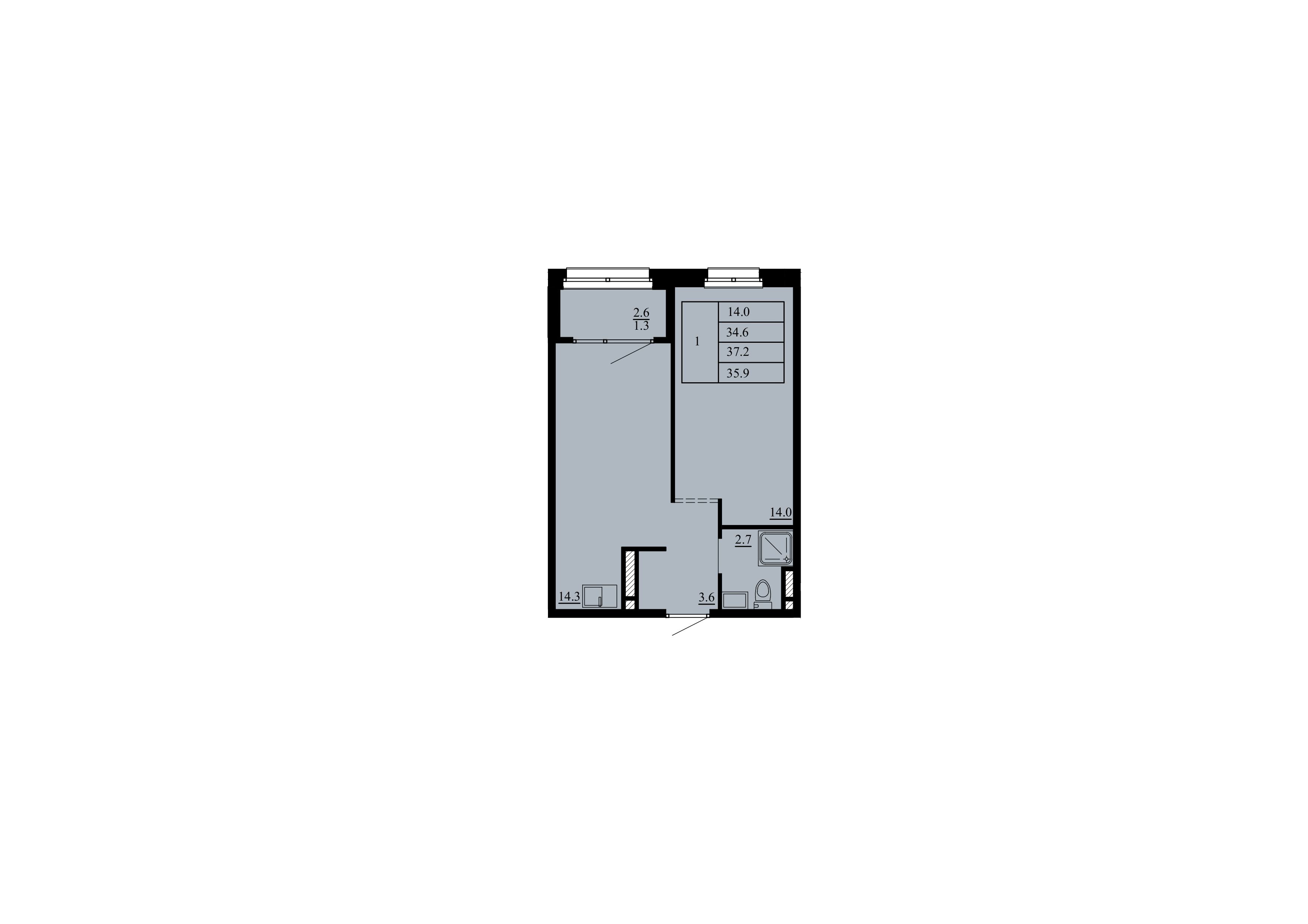 Планировка: Евродвушка 34.6 м² в ЖК Тура-2, Лесобаза