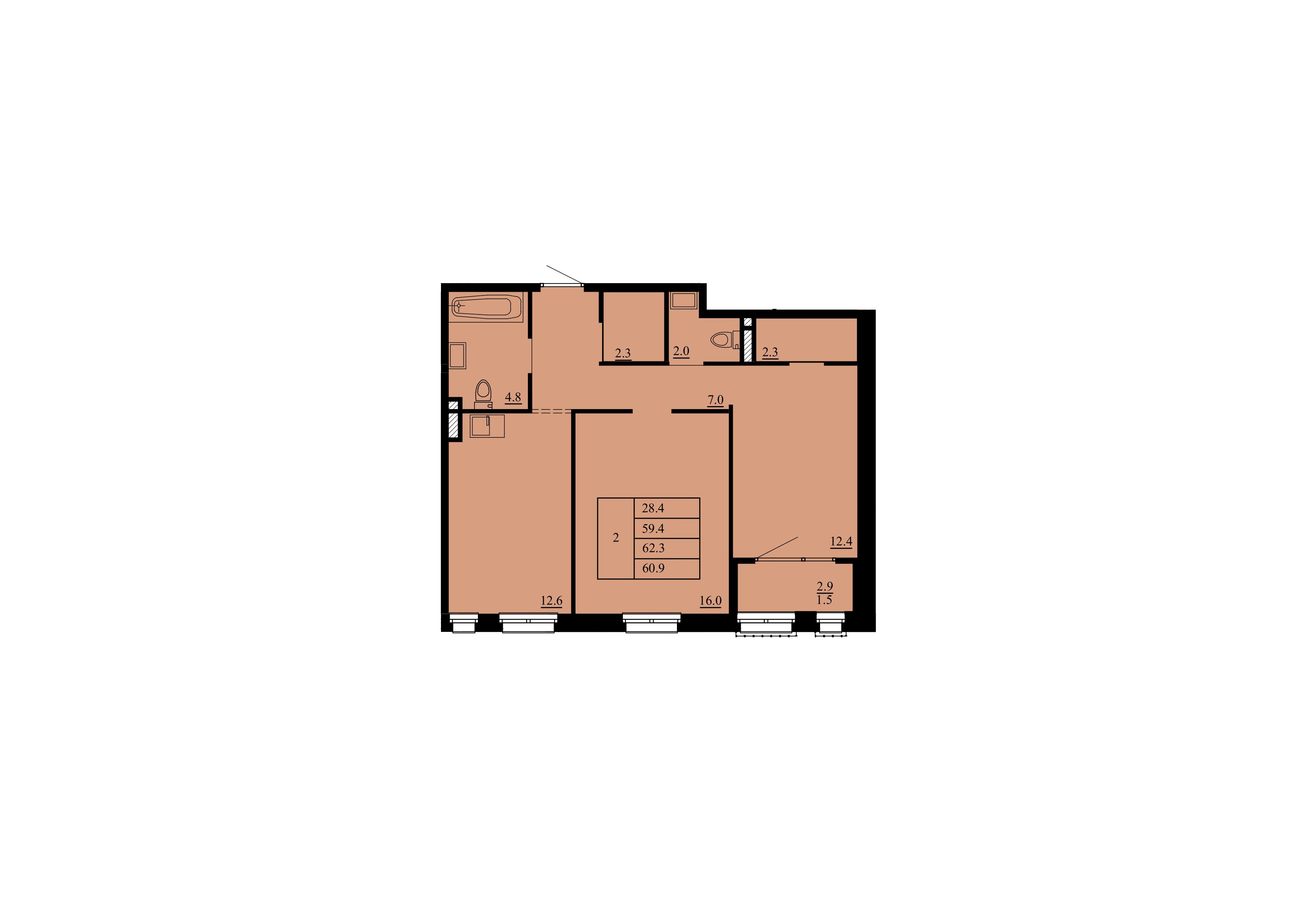 Планировка: Евротрешка 59.4 м² в ЖК Тура-2, Лесобаза