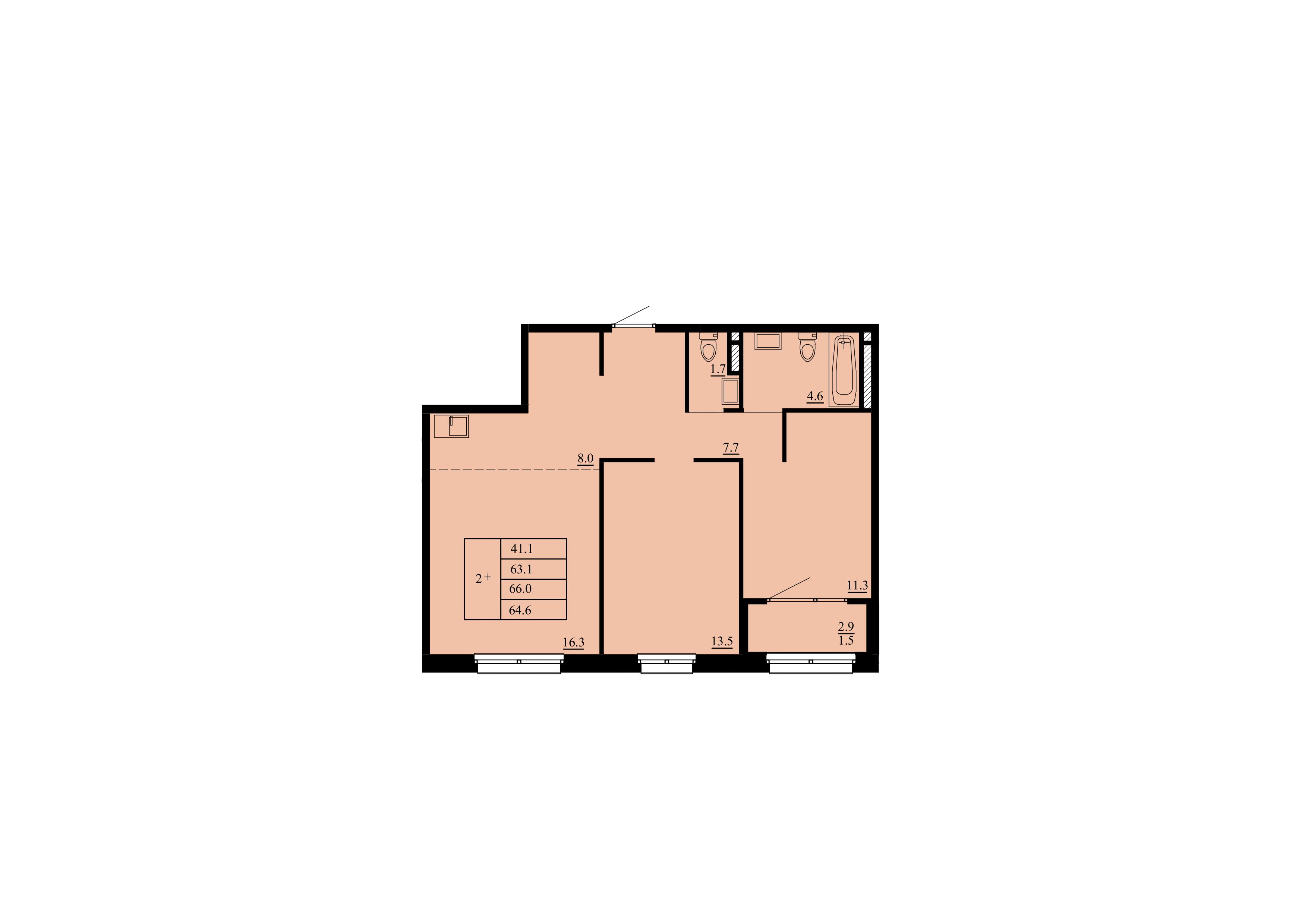 Планировка: Евротрешка 63.1 м² в ЖК Тура-2, Лесобаза