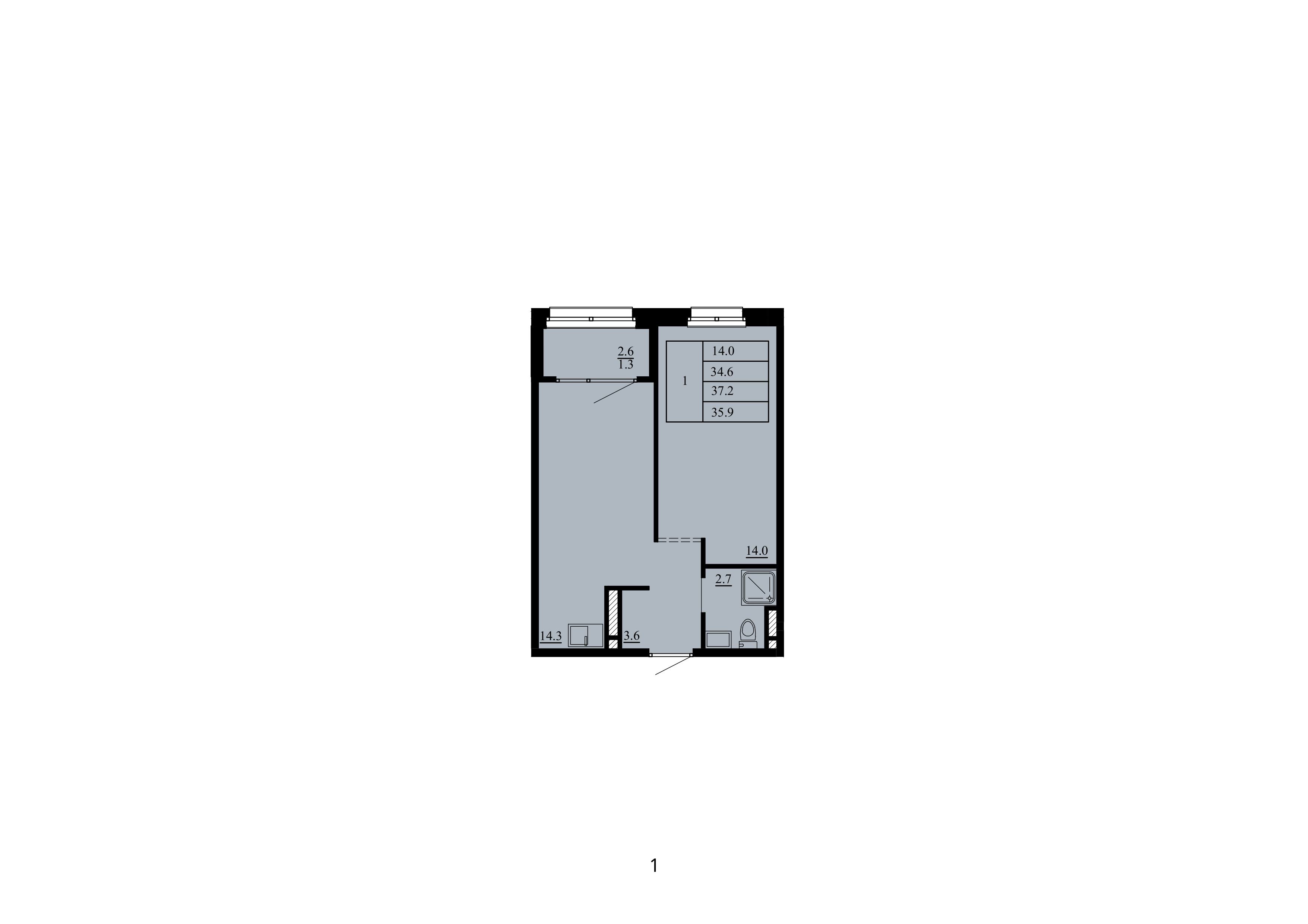 Планировка: Евродвушка 34.6 м² в ЖК Тура-2, Лесобаза