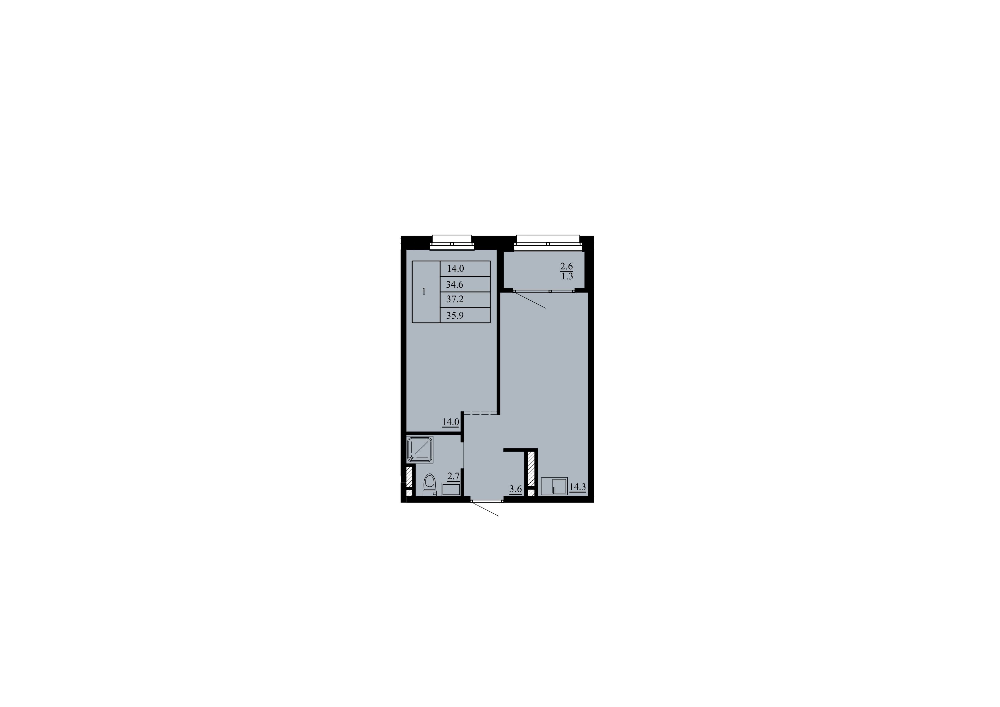 Планировка: Евродвушка 34.6 м² в ЖК Тура-2, Лесобаза
