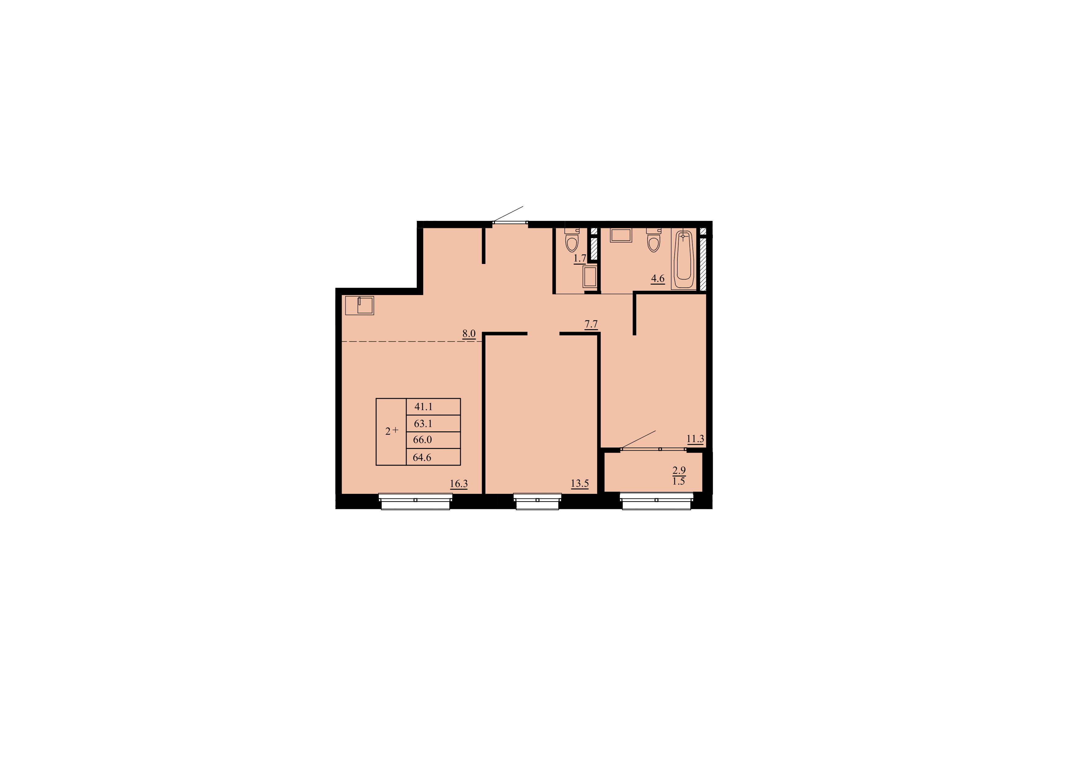 Планировка: Евротрешка 63.1 м² в ЖК Тура-2, Лесобаза