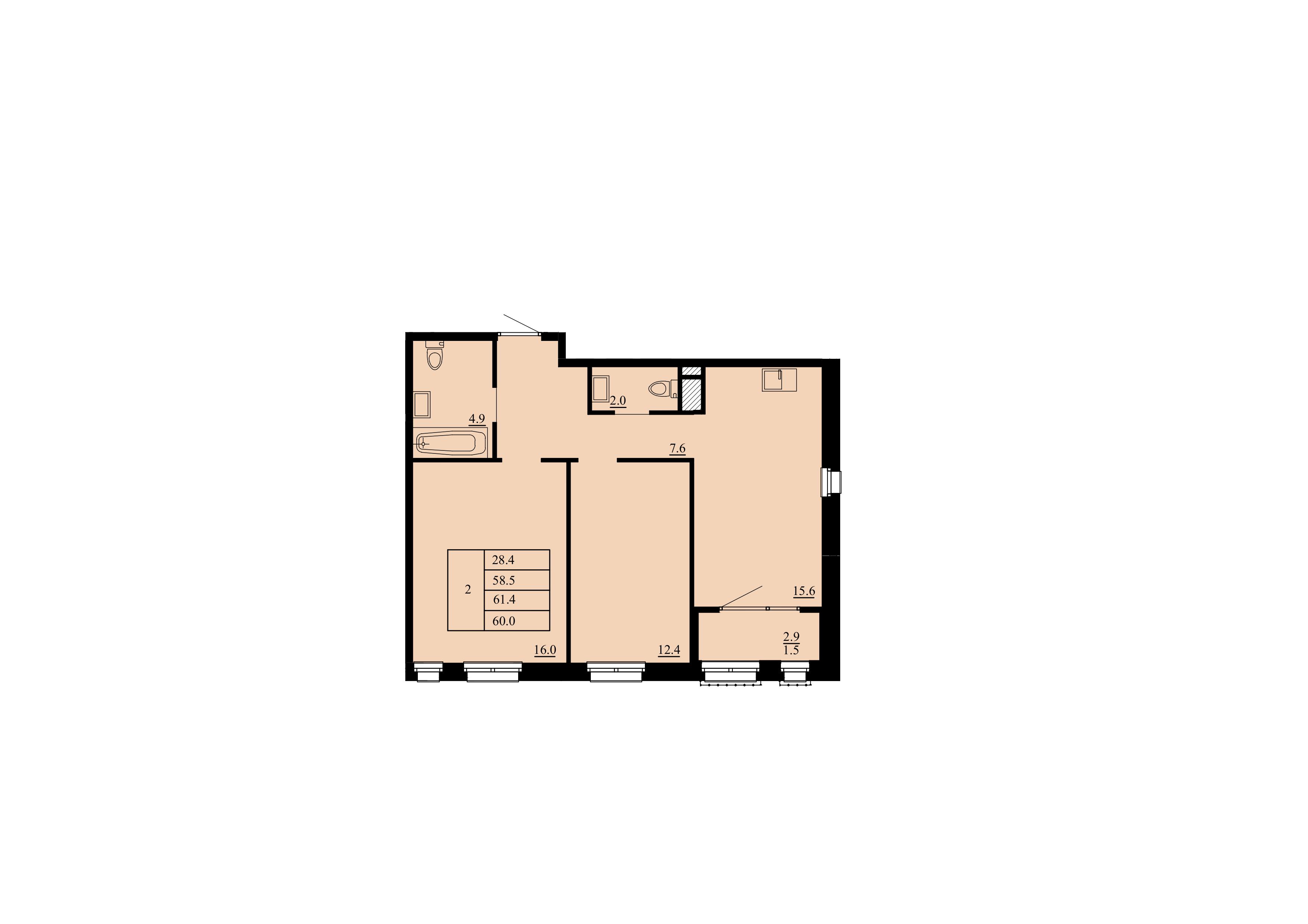 Планировка: Евротрешка 58.5 м² в ЖК Тура-2, Лесобаза