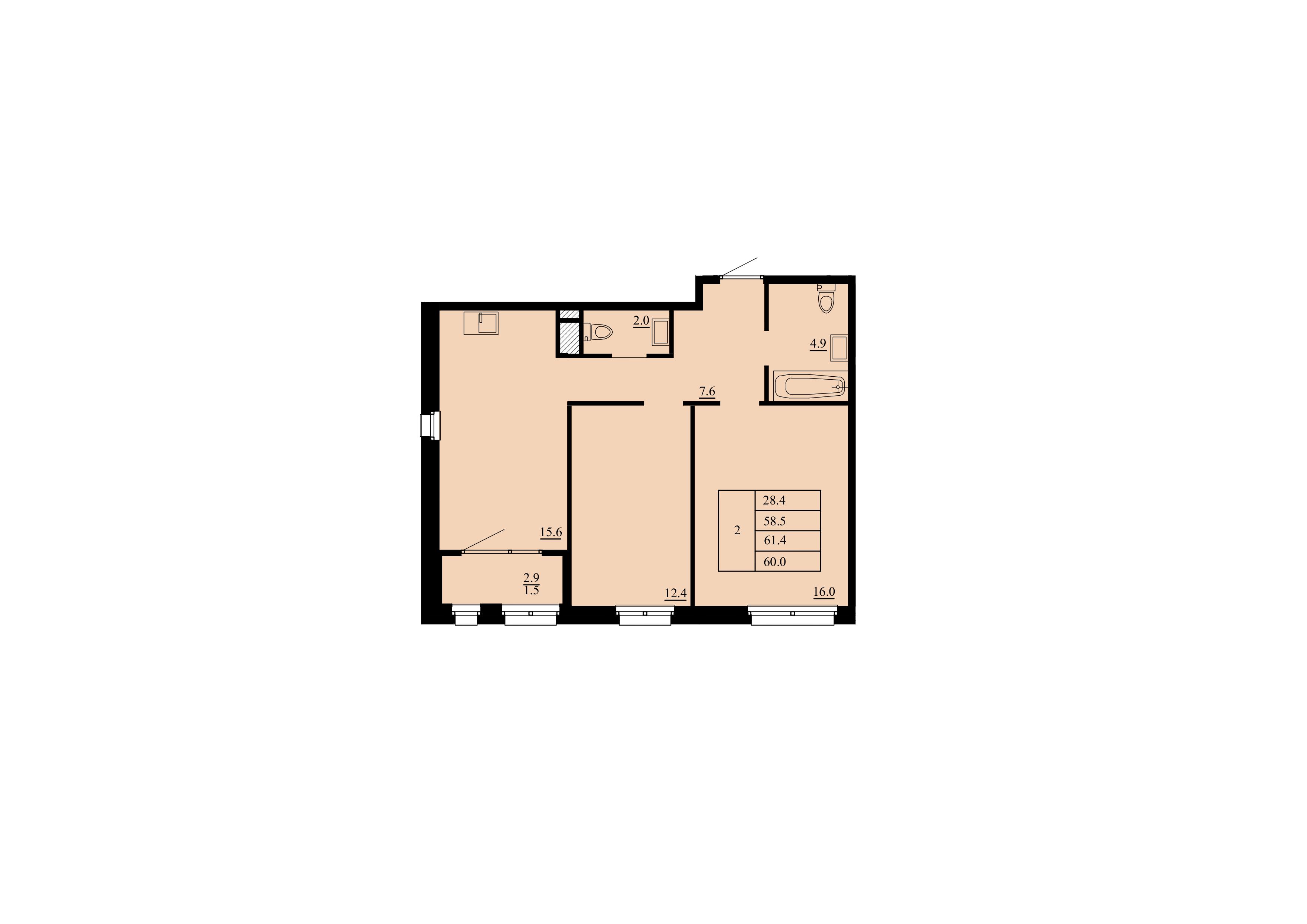Планировка: Евротрешка 58.5 м² в ЖК Тура-2, Лесобаза