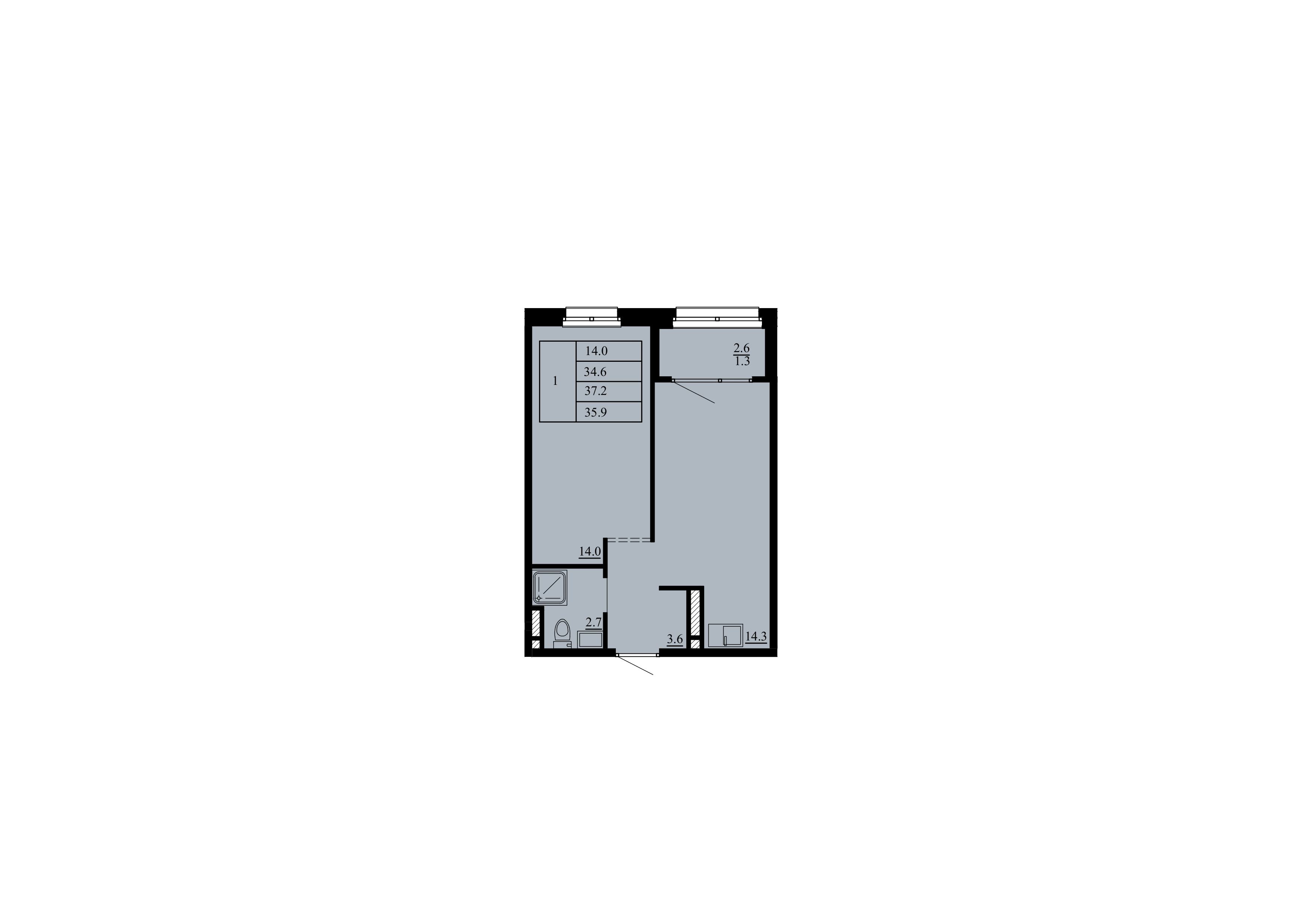 Планировка: Евродвушка 34.6 м² в ЖК Тура-2, Лесобаза