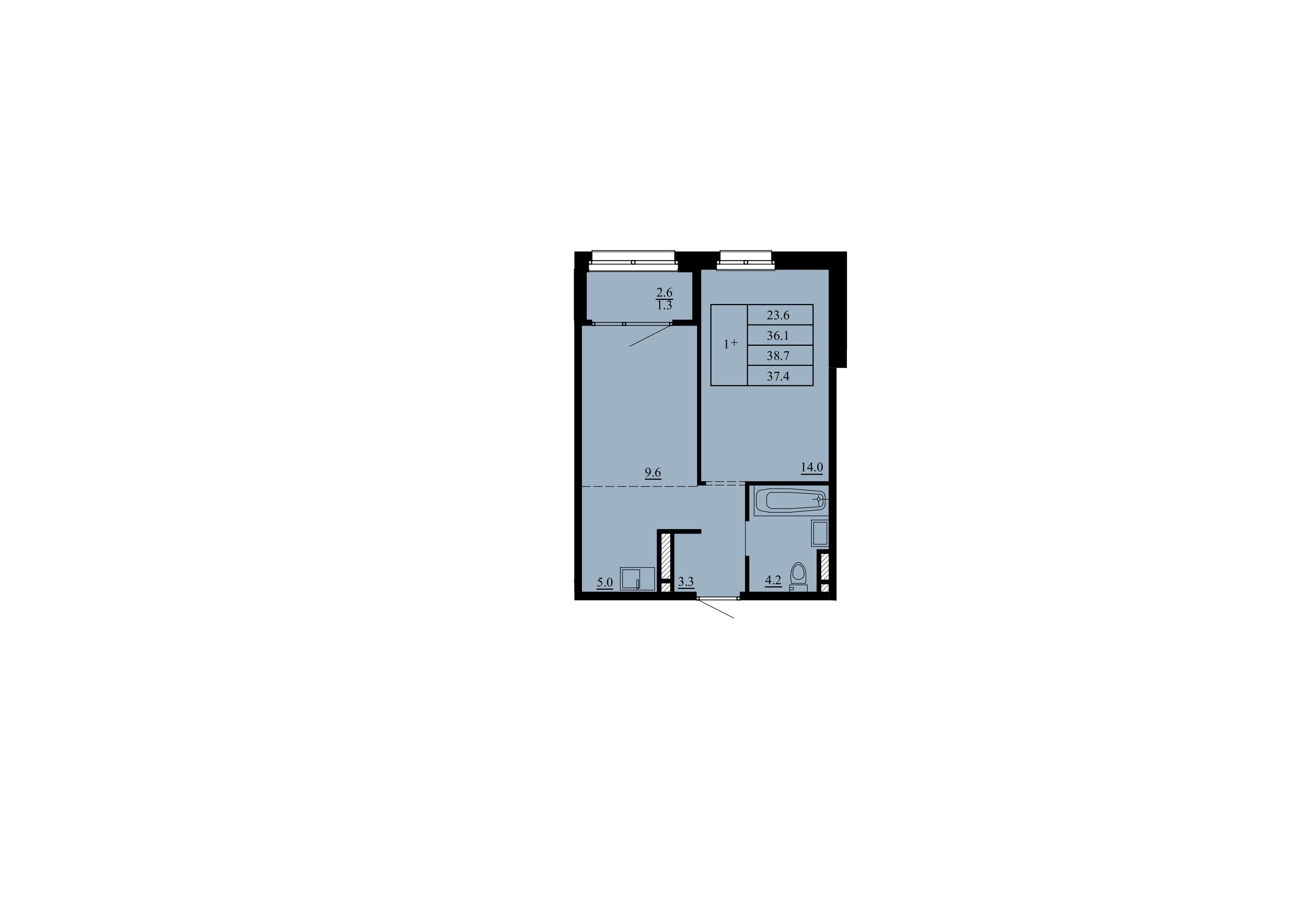 Планировка: Евродвушка 36.1 м² в ЖК Тура-2, Лесобаза