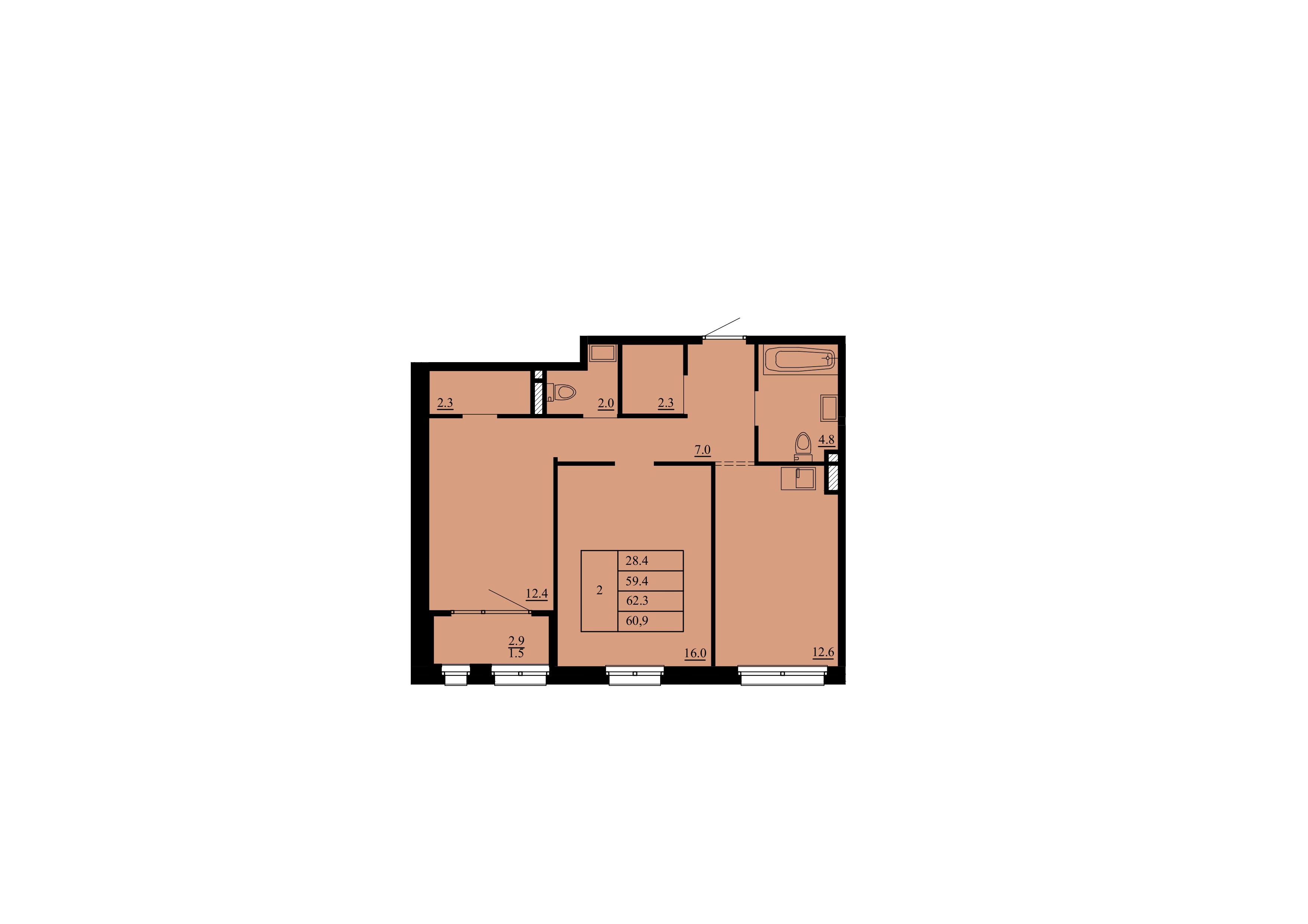 Планировка: Евротрешка 59.4 м² в ЖК Тура-2, Лесобаза