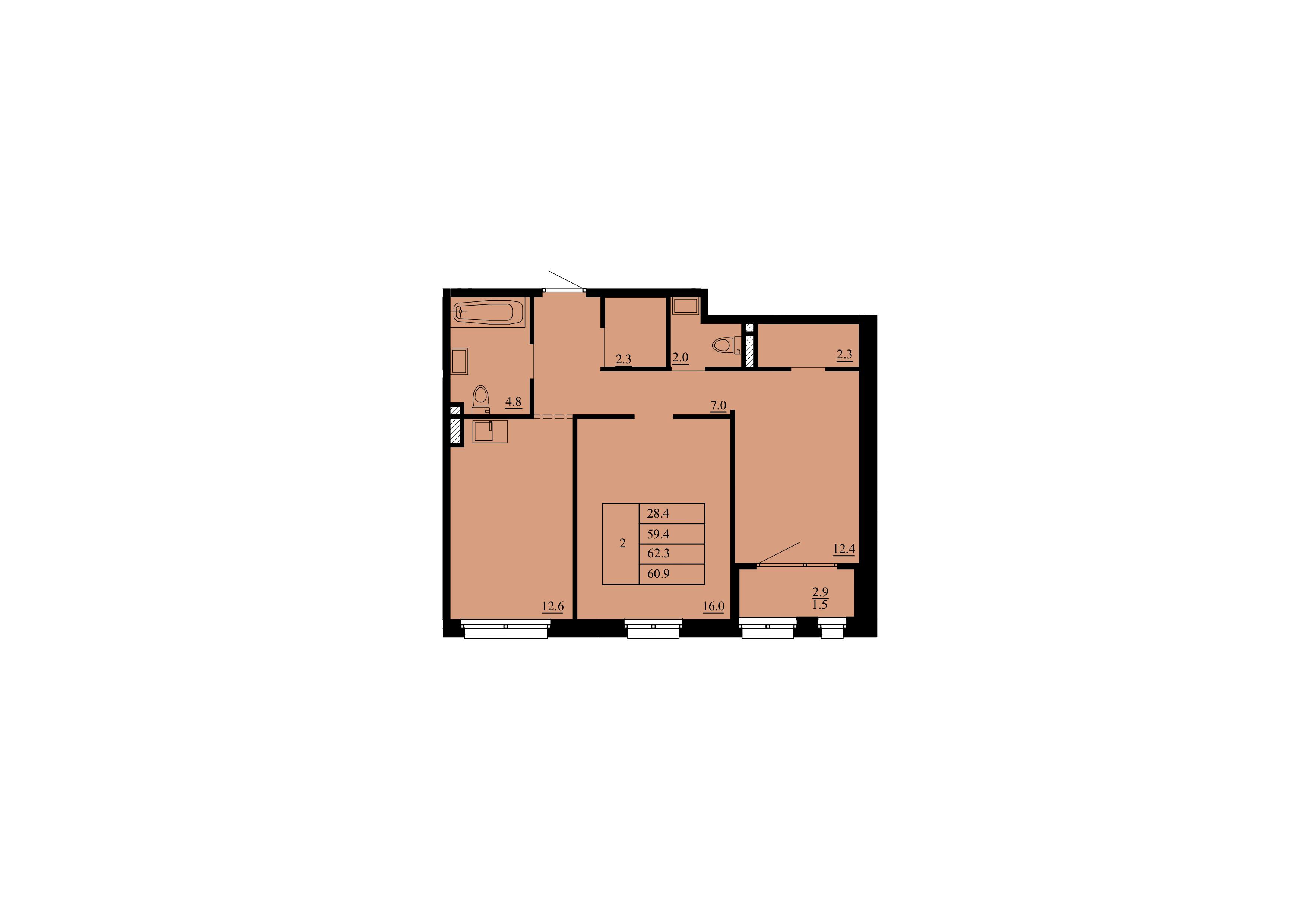Планировка: Евротрешка 59.4 м² в ЖК Тура-2, Лесобаза