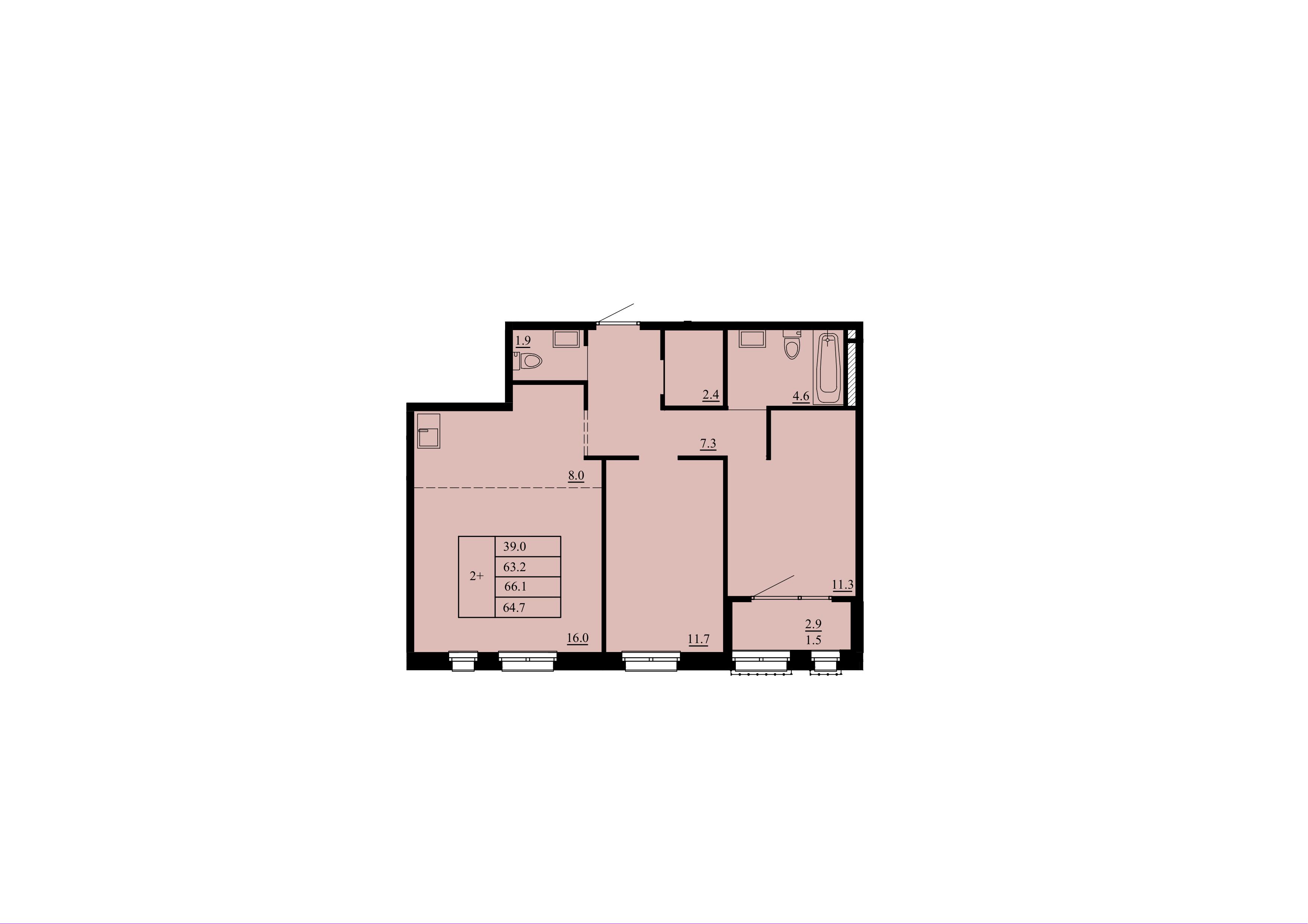 Планировка: Евротрешка 63.2 м² в ЖК Тура-2, Лесобаза