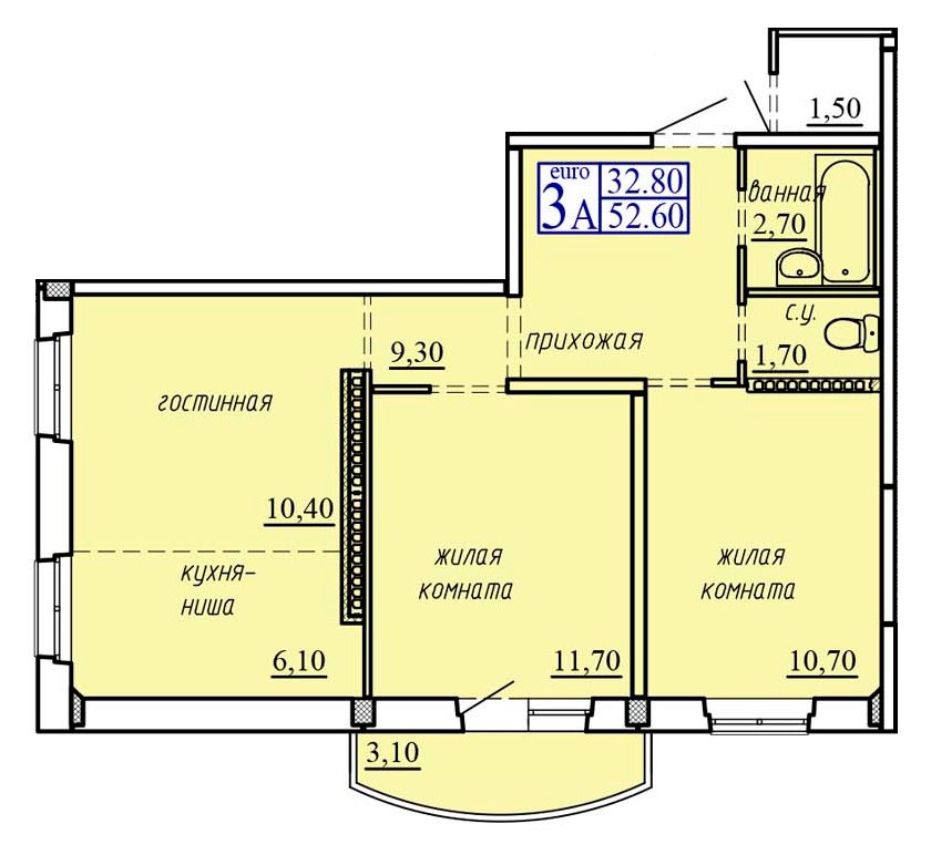 Планировка: Евротрешка 52.6 м² в ЖК Тура-2, Лесобаза