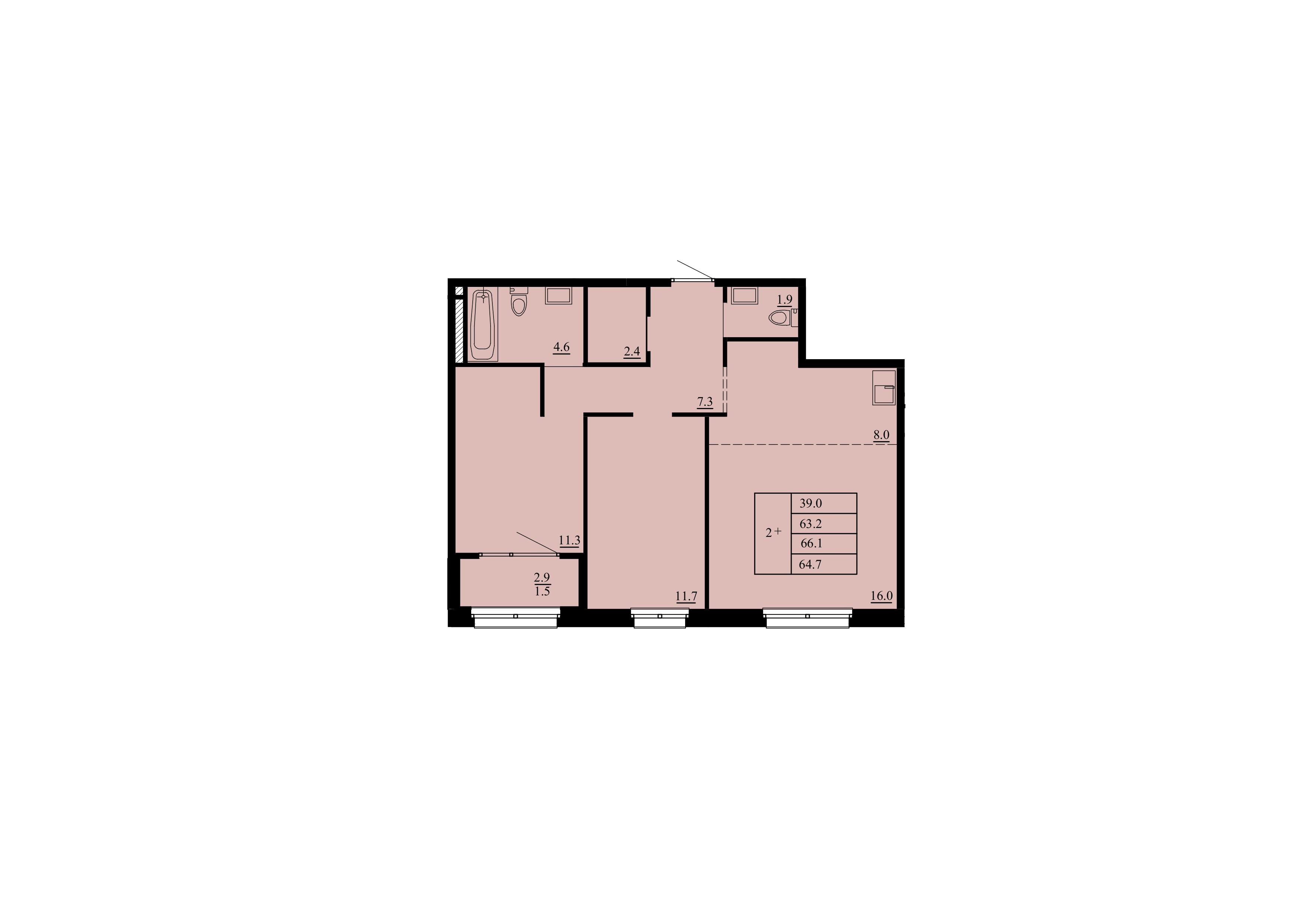 Планировка: Евротрешка 63.2 м² в ЖК Тура-2, Лесобаза